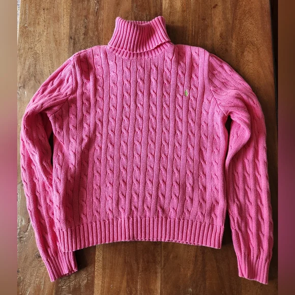 Ralph Lauren Sport Cable-Knit Turtleneck Sweater in Pink W/ Green Logo XL - Picture 10 of 13